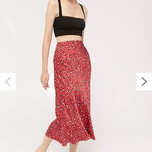 Urban Outfitters Red and Black Cheetah Satin Midi Slip Skirt